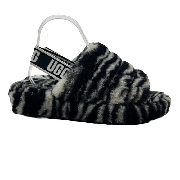UGG Fluff Yeah Slide Zebra Sandal Womens 8 Elastic Sling Back Fluffy Sheepskin - Picture 1 of 11